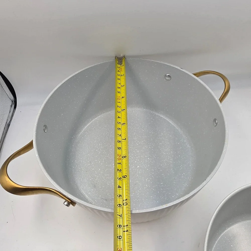 Thyme & Table 6 Piece Cookware Set Cream White Gold Handles Non-Stick Ribbed L3
